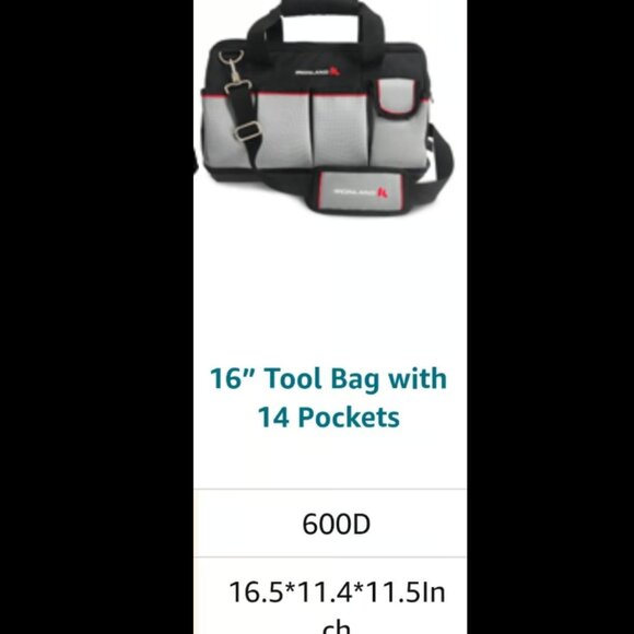 16 Inch Tool Bags for Men Heavy Duty Wide Mouth Tool Storage Bag with 14 Pockets - Picture 2 of 6
